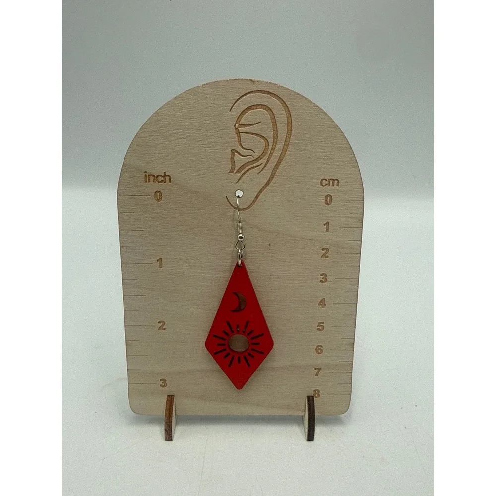 Red Wooden Celestial Sun and Moon Diamond Drop Earrings Boho Dangle Silver Tone